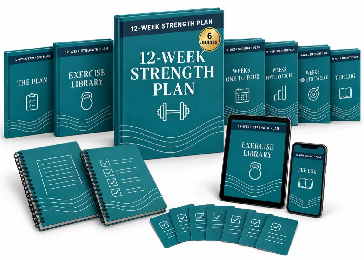 The 12-Week GLP-1 Strength Plan, shown as 6 digital guides across books, a tablet and a phone
