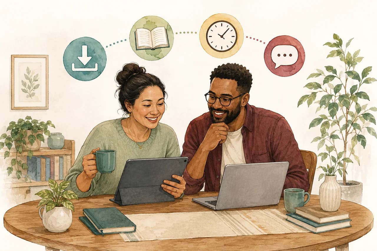 Two illustrated readers viewing digital guides on a tablet and laptop, with download, reading, time and support icons