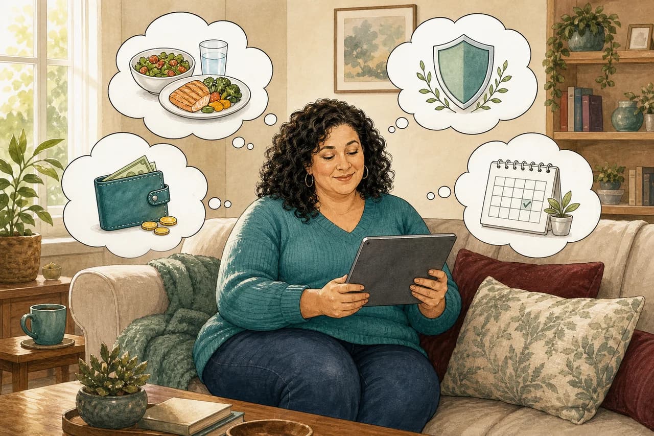 An illustrated reader exploring GLP-1s on a tablet, with thought bubbles about safety, everyday life, cost and planning
