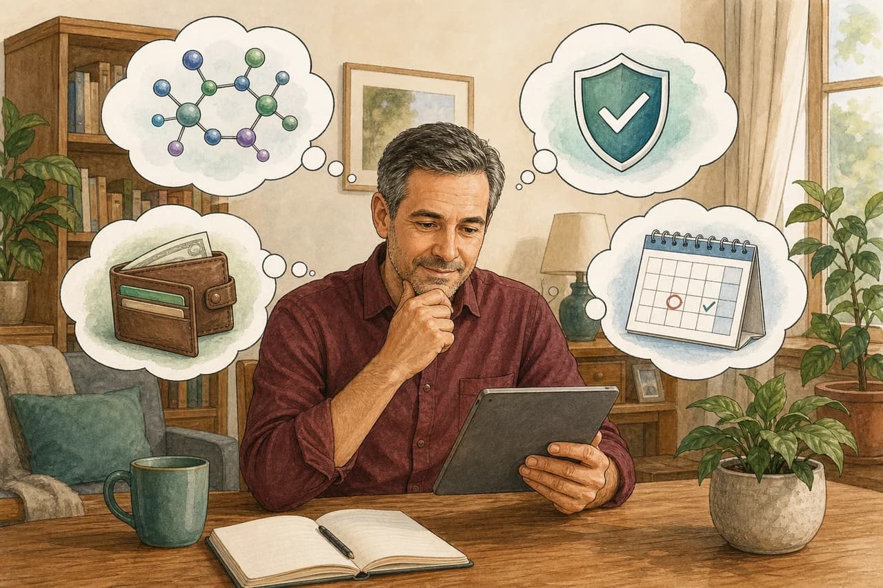 An illustrated reader exploring peptides on a tablet, with thought bubbles about safety, everyday life, cost and planning