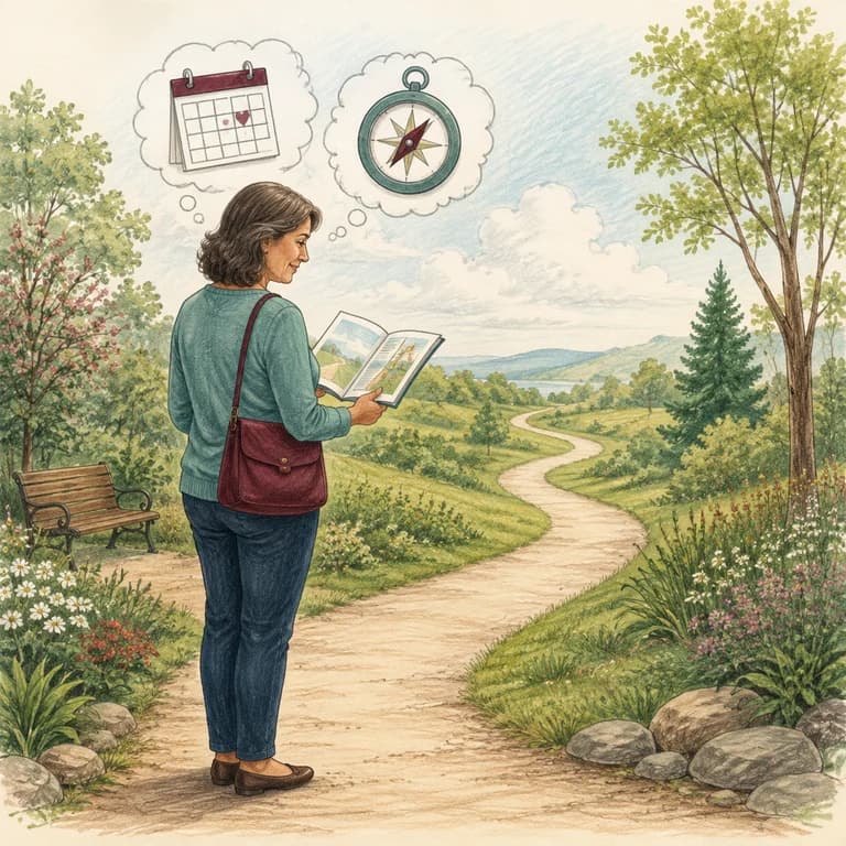 A reader looking ahead along a path with a guide