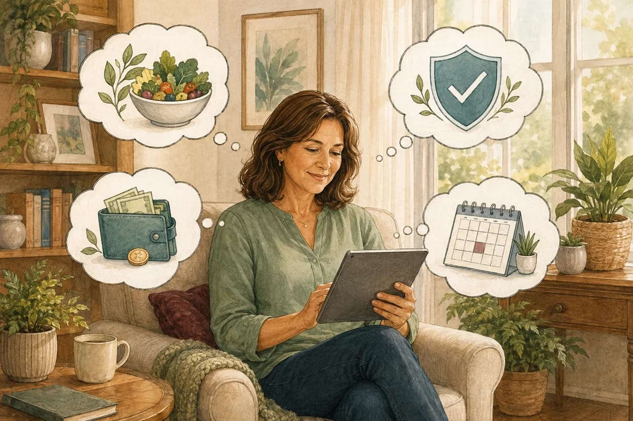 An illustrated reader exploring supplements on a tablet, with thought bubbles about safety, everyday life, cost and planning