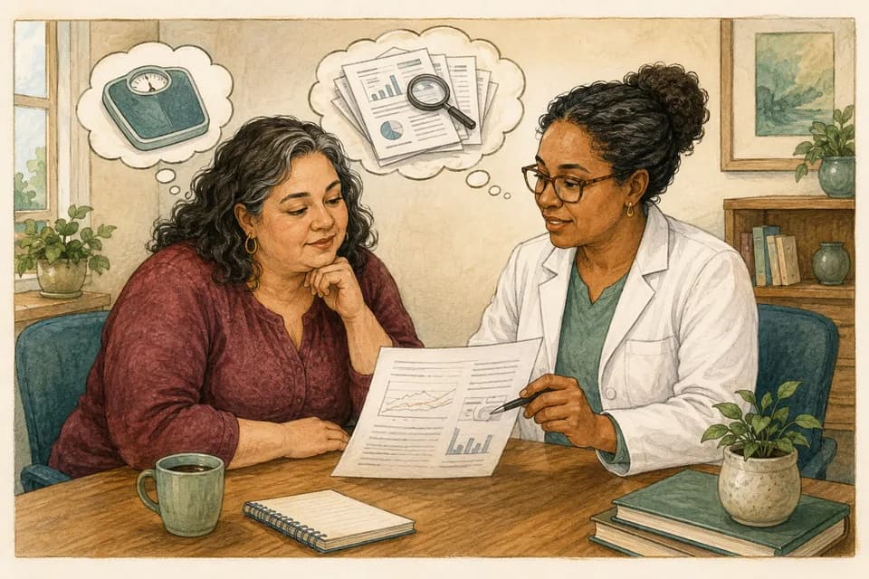 A plus-size middle-aged woman and her clinician reviewing a clinical study together