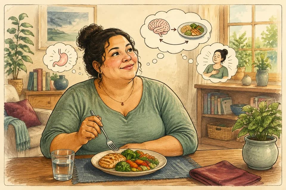 A plus-size woman enjoying a balanced meal