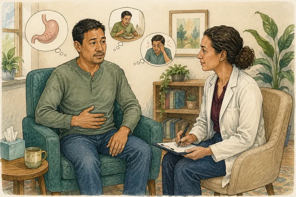 A man gently holding his stomach while seated talking to an attentive clinician