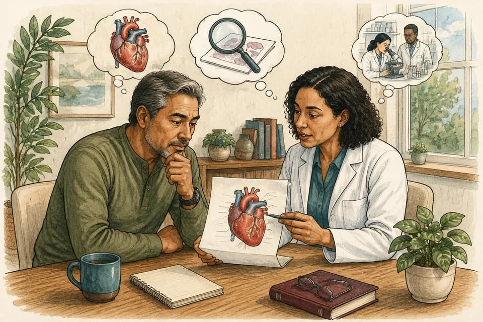 A middle-aged adult with a clinician studying a heart illustration in a paper