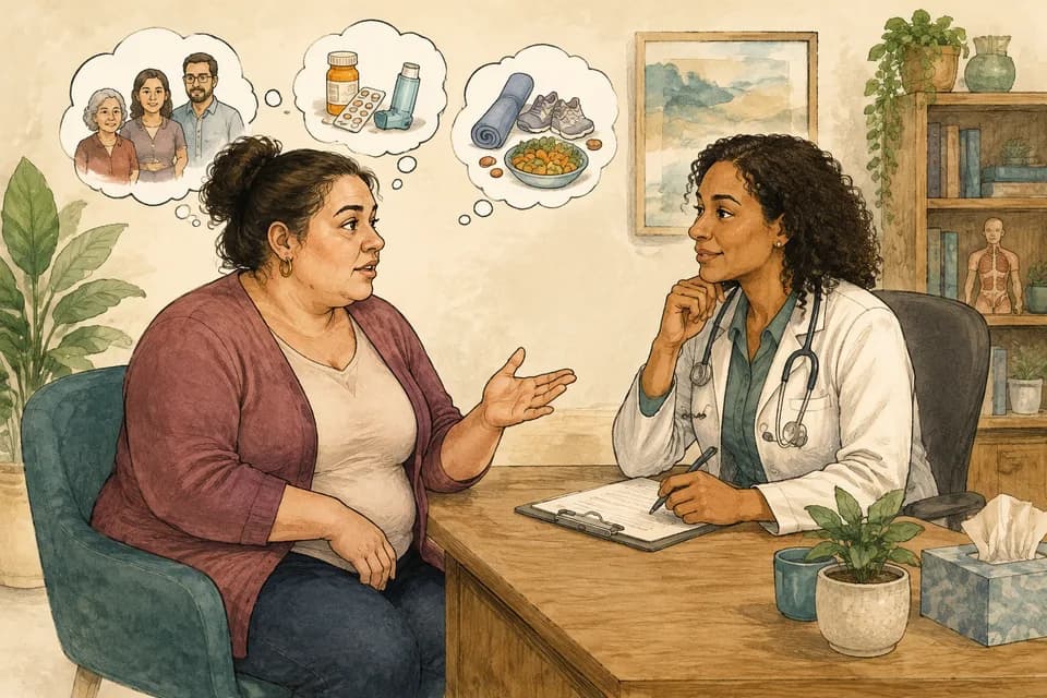 A plus-size woman discussing medical history and suitability with a doctor across a consultation desk