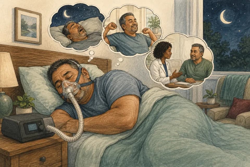 A larger middle-aged man sleeping comfortably with a correctly worn CPAP mask connected to a bedside CPAP machine