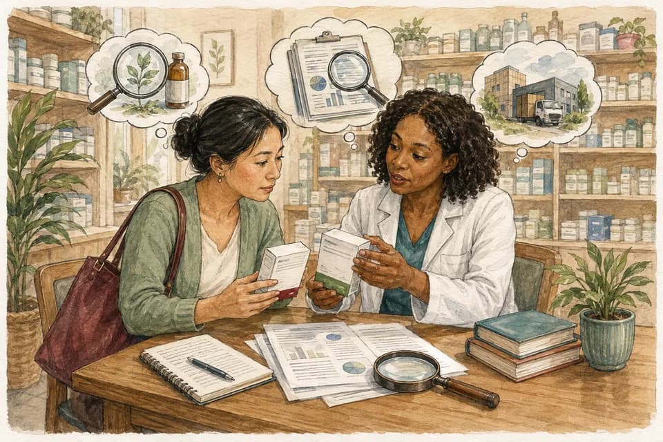 A woman and a pharmacist comparing two unbranded medicine packages with research documents and magnifying-glass thought bubbles