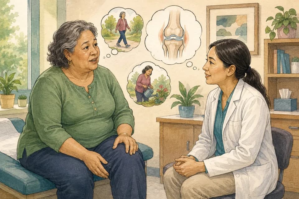 An older plus-size woman seated in a clinic discussing knee discomfort with a clinician