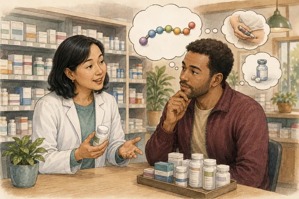 A pharmacist and adult patient discussing established medicines