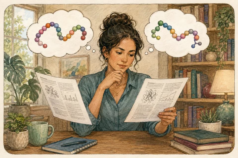 A curious woman comparing two separate research papers