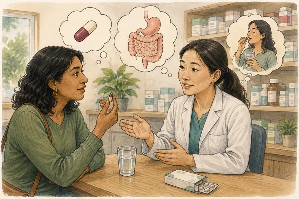 An adult discussing an oral capsule with a pharmacist