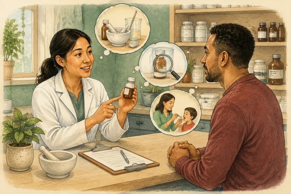A compounding pharmacist talking with a patient across a consultation counter