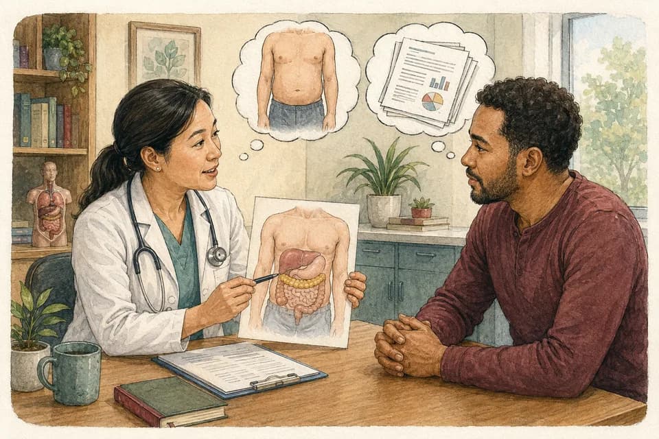 A doctor in a consultation discussing a neutral clothed adult torso illustration with a patient
