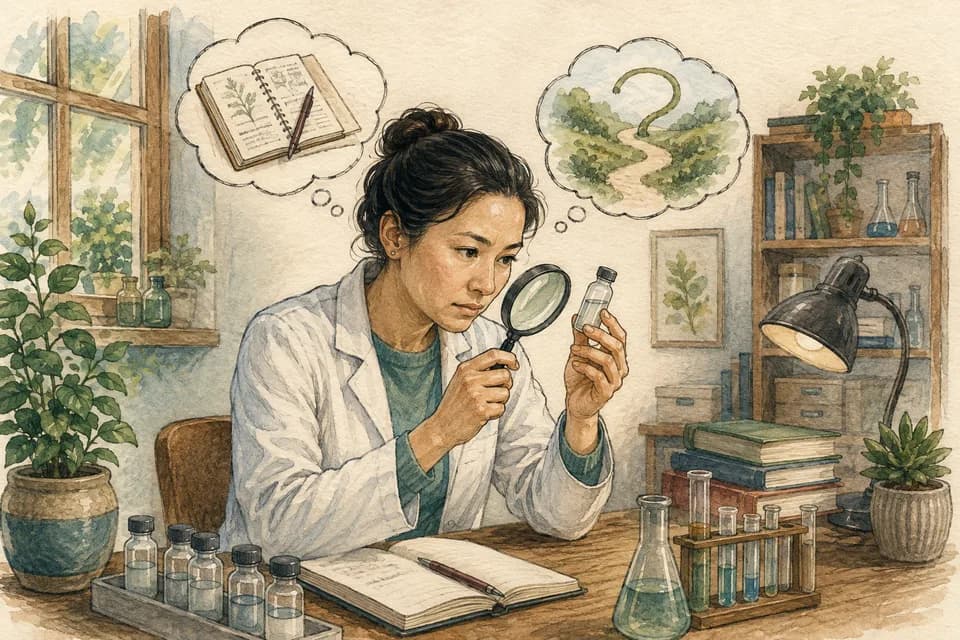 A careful researcher examining an unbranded small vial with a magnifying glass
