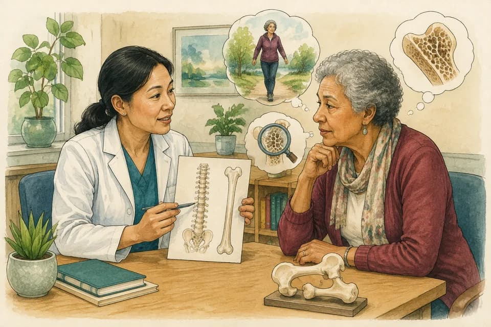 An older woman consulting a clinician about bone health