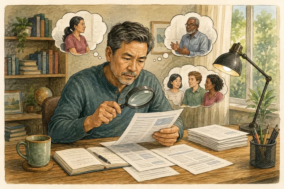 A middle-aged man reading a research article carefully at a desk