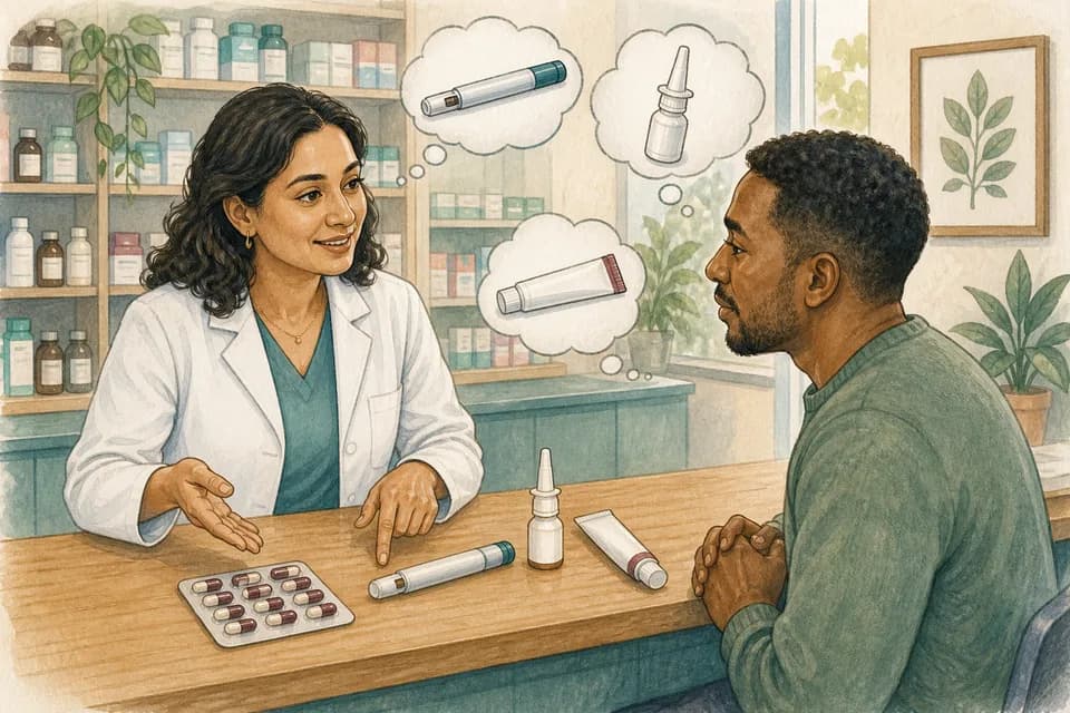 A pharmacist explaining different medicine delivery forms to an adult: a capsule pack