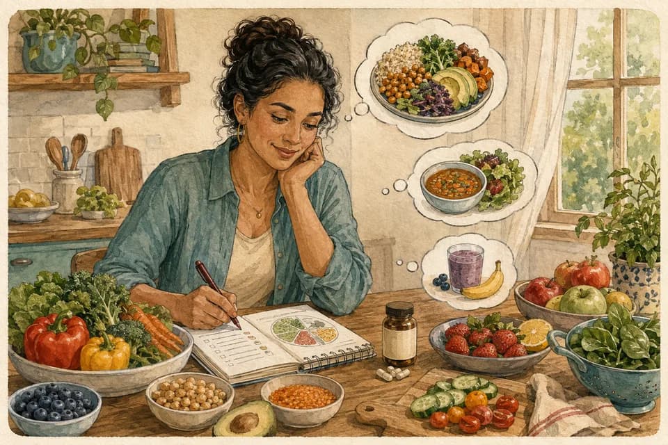 A woman planning a colorful balanced meal at a kitchen table with vegetables