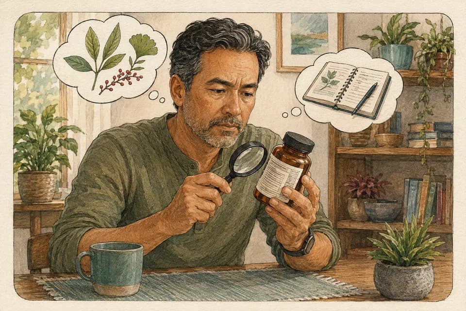 A middle-aged man inspecting the back label of an unbranded supplement bottle with a magnifying glass