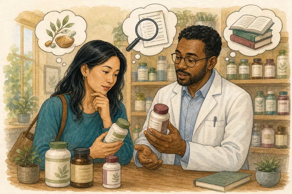 A thoughtful adult reviewing unbranded supplement bottles with a pharmacist