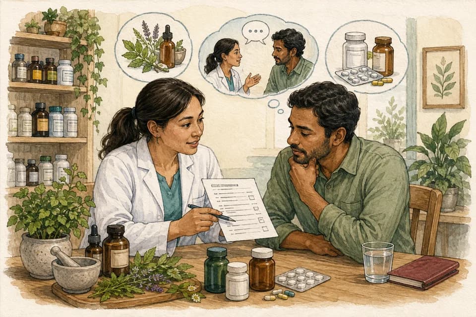 A pharmacist reviewing a patient's medicine list alongside herbal leaves and unbranded supplement and medicine bottles