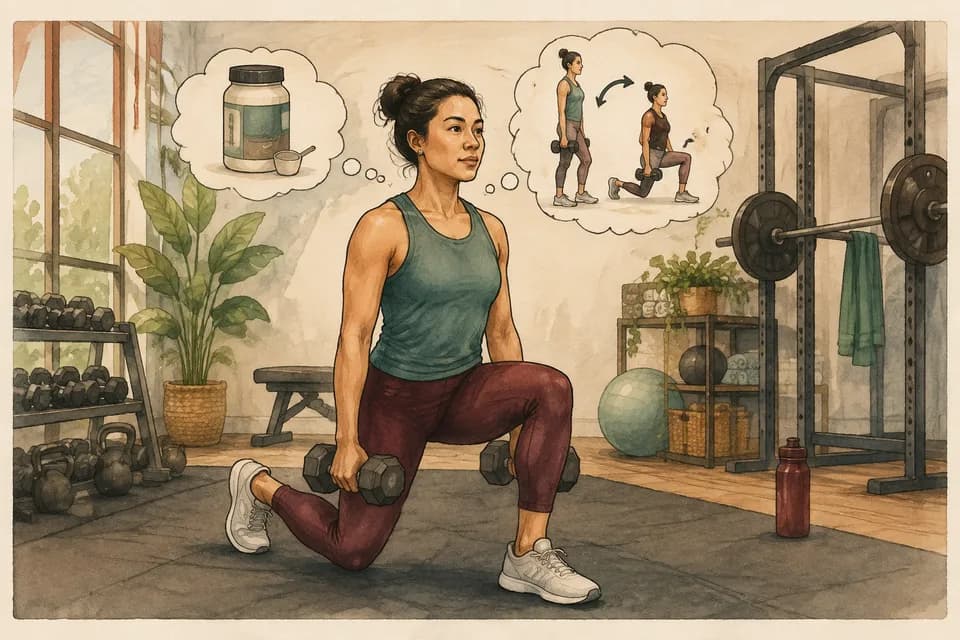 An ordinary adult of average build performing a controlled dumbbell exercise in a welcoming gym