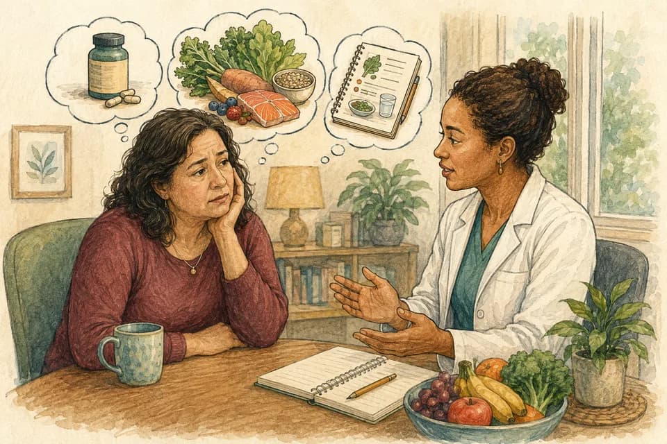 A tired middle-aged woman discussing nutrition with a clinician