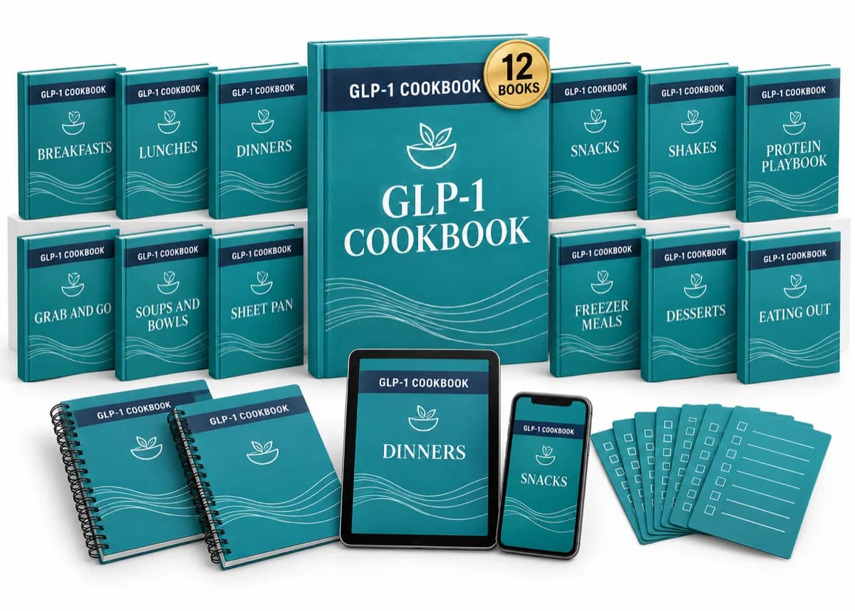 GLP-1 Cookbook Collection, shown as 12 digital cookbooks across books, a tablet and a phone