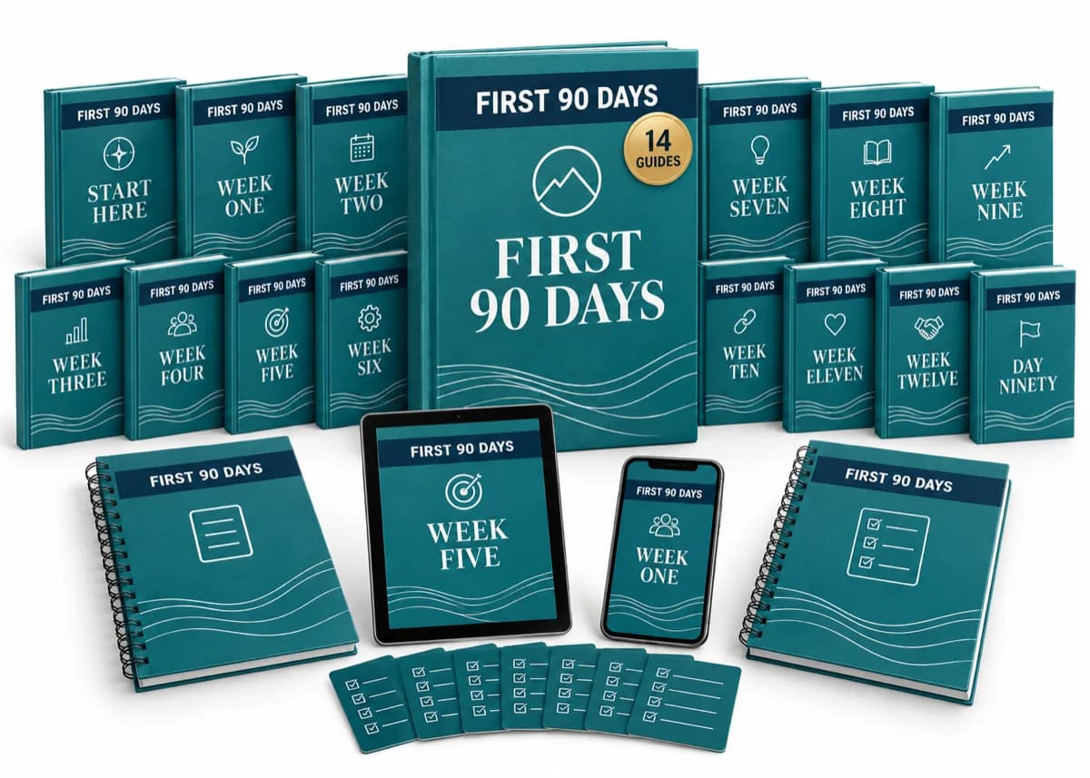 The GLP-1 First 90 Days Workbook, shown as 14 digital workbook guides across books, a tablet and a phone