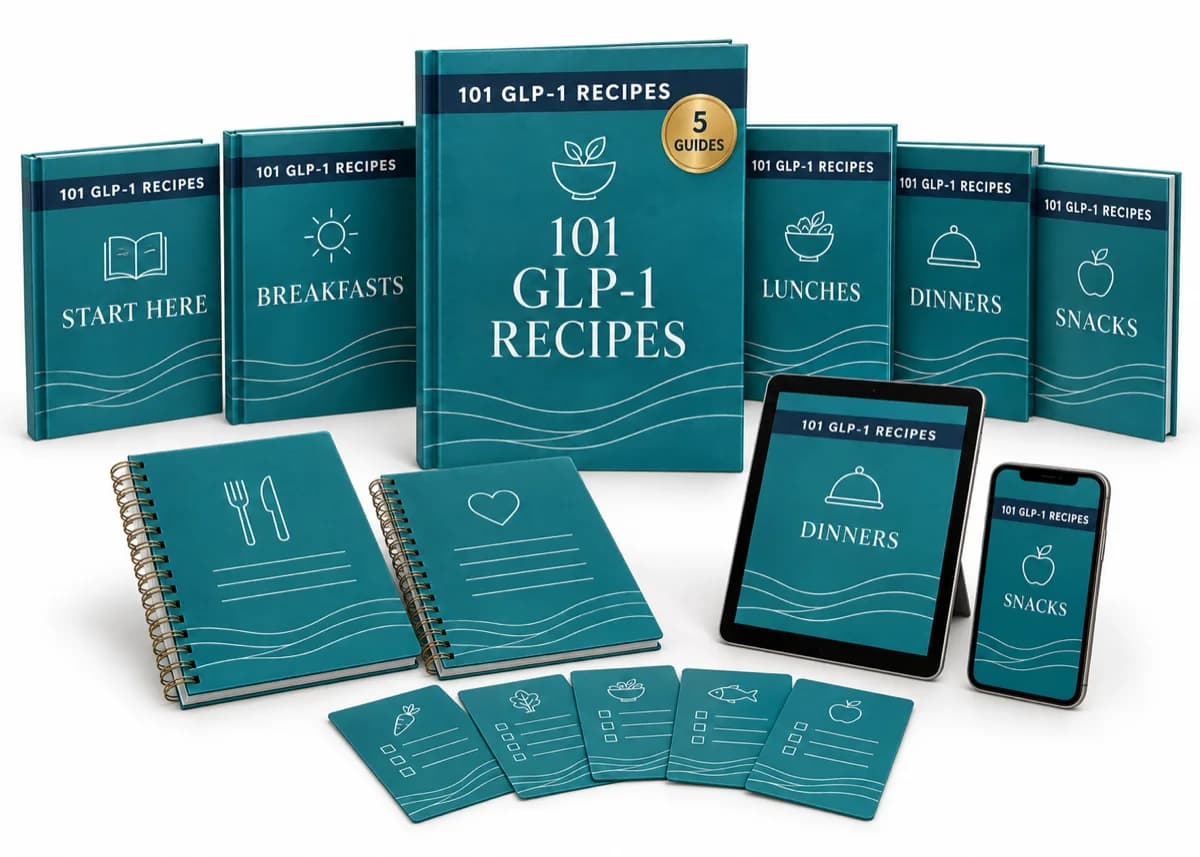 101 GLP-1 Recipes Under 400 Calories, shown as 5 digital guides across books, a tablet and a phone