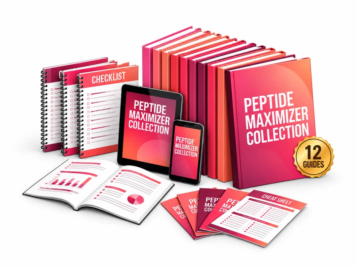 The Peptide Maximizer Collection, shown as a set of 12 digital guides with books, checklists and a tablet