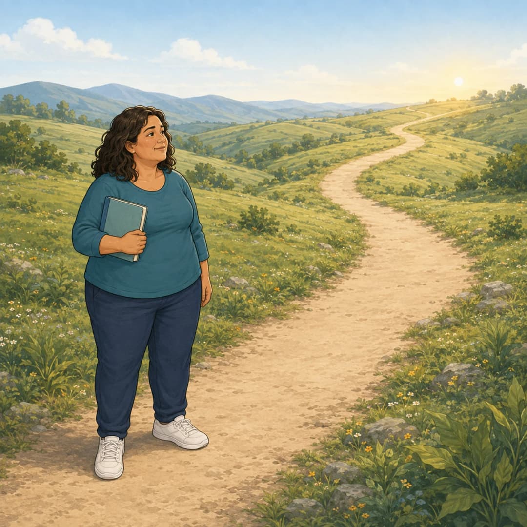 Illustration of the same reader standing beside one clear path holding GLP-1 guides showing the way ahead.
