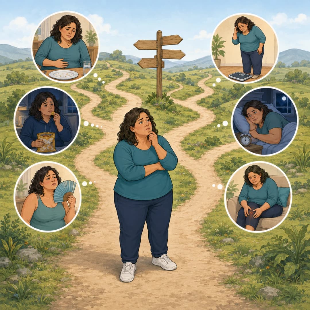 A woman at branching paths, with thought bubbles showing hunger, cravings, a weight plateau, restless sleep, aching knees and menopause warmth.