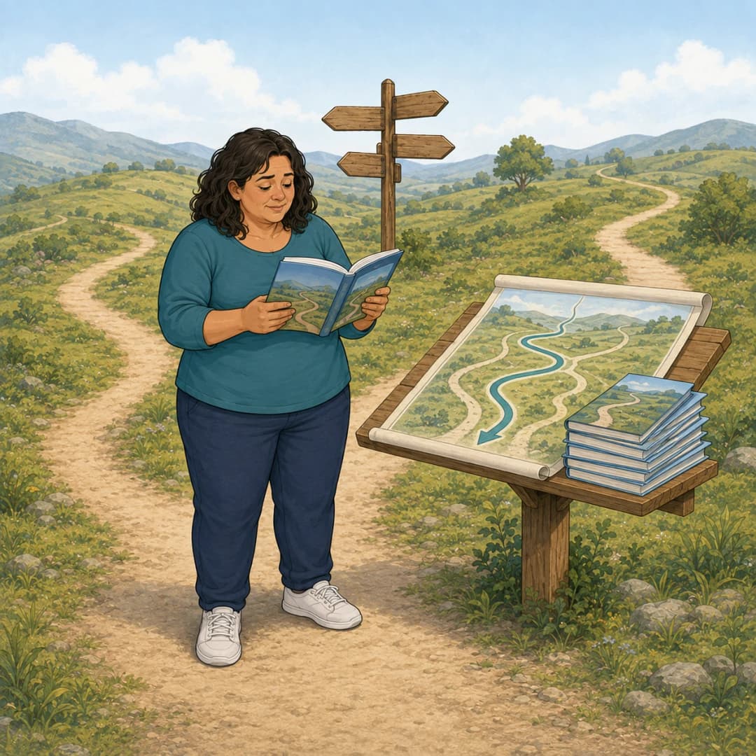 Illustration of the same reader studying GLP-1 guides at a crossroads to understand the options ahead.