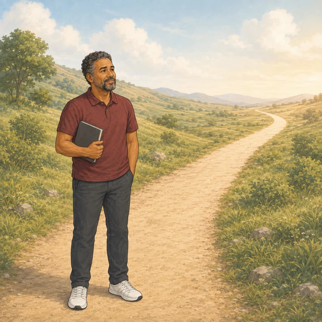Illustration of the same reader standing beside one clear path holding peptide guides showing the way ahead.