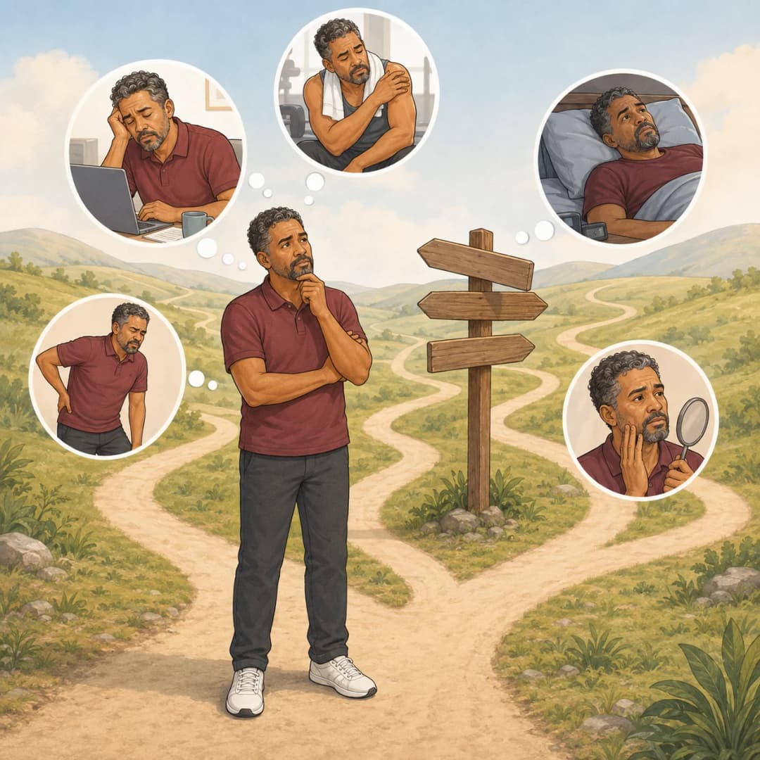 A man at branching paths, with thought bubbles showing low energy, slow workout recovery, restless sleep, an aching back and skin aging.