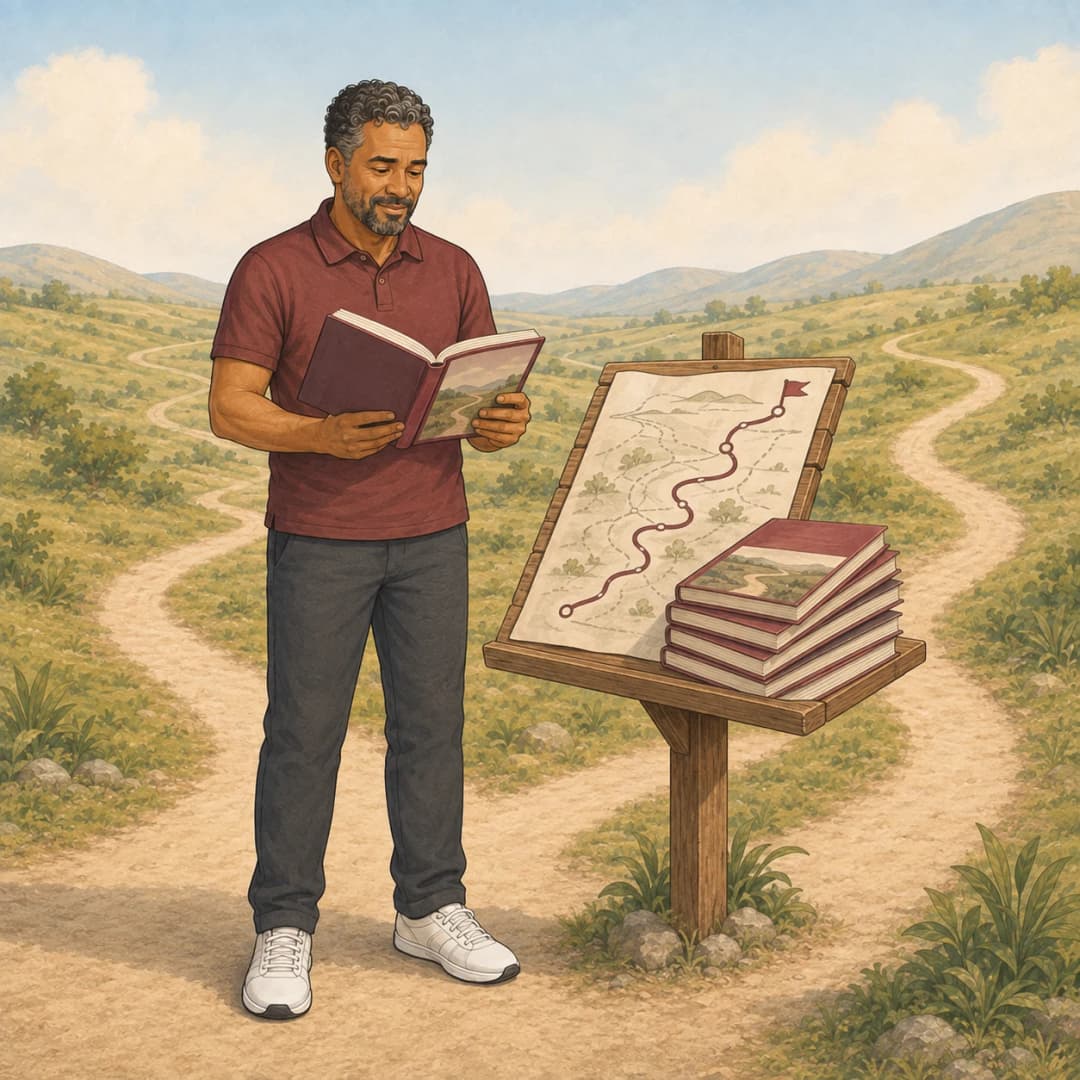 Illustration of the same reader studying peptide guides at a crossroads to understand the options ahead.