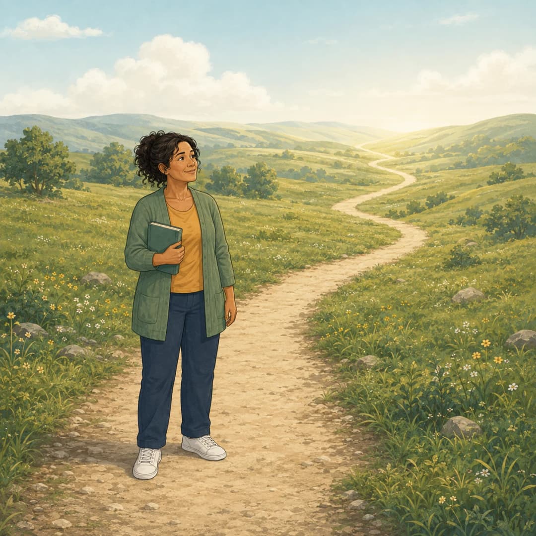 Illustration of the same reader standing beside one clear path holding supplement guides showing the way ahead.