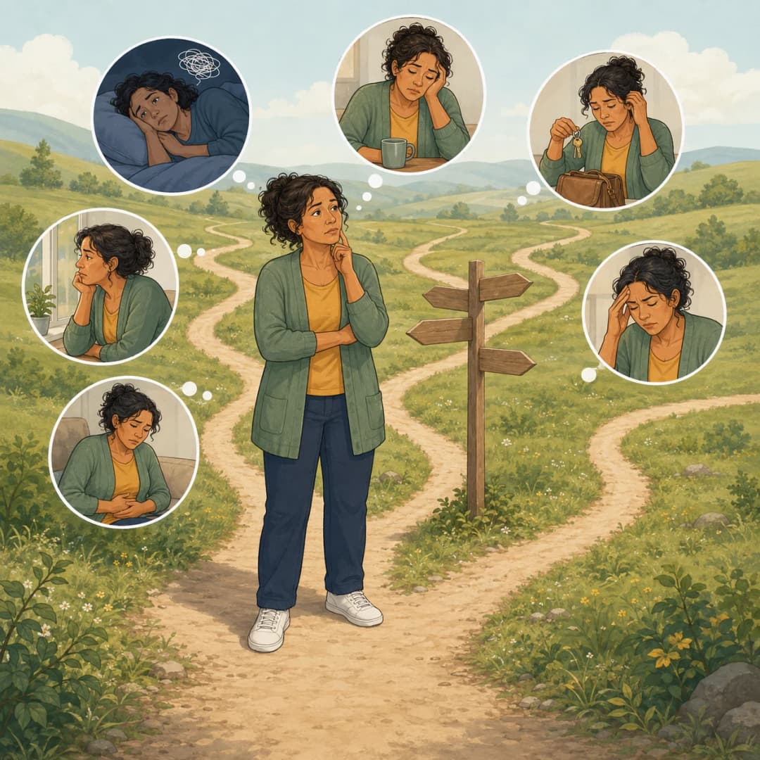 A woman at branching paths, with thought bubbles showing racing thoughts at night, low energy, forgetfulness, low mood, headaches and digestive discomfort.