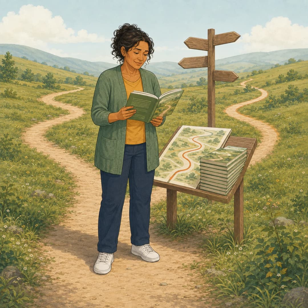 Illustration of the same reader studying supplement guides at a crossroads to understand the options ahead.