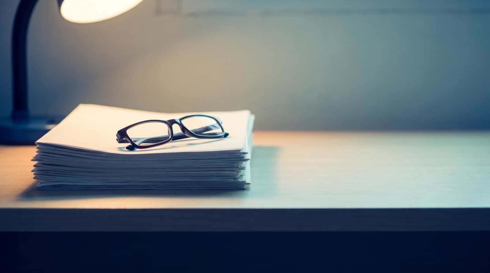 A pair of reading glasses resting on a stack of printed papers under a desk lamp.