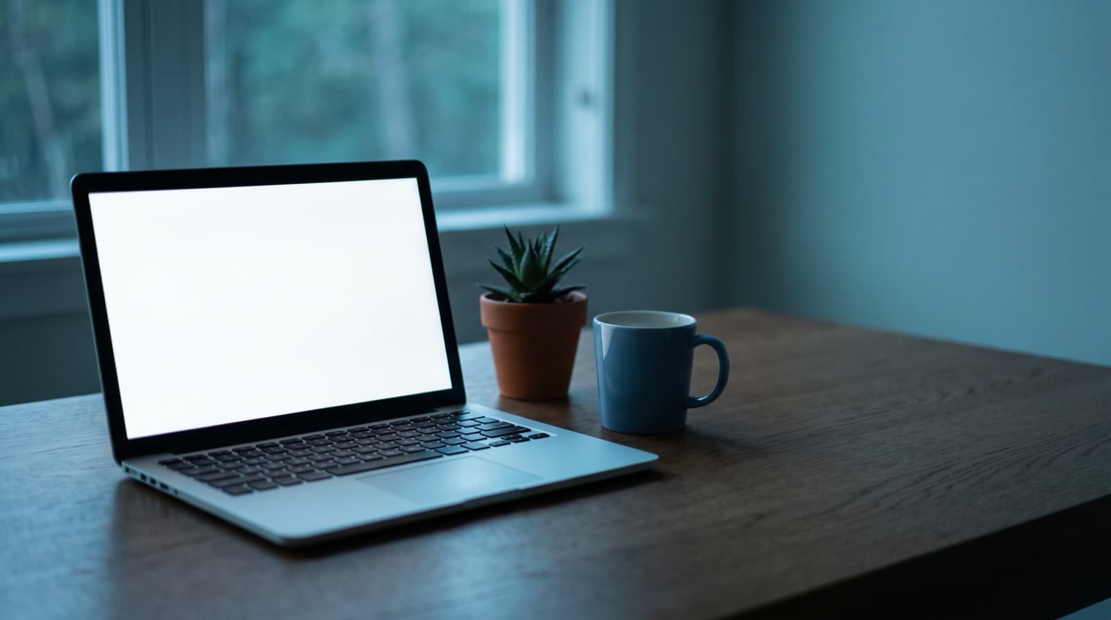 An open laptop with a blank glowing screen on a dark wooden table, beside a small succulent in a terracotta pot and a blue mug, lit by cool light from a window.