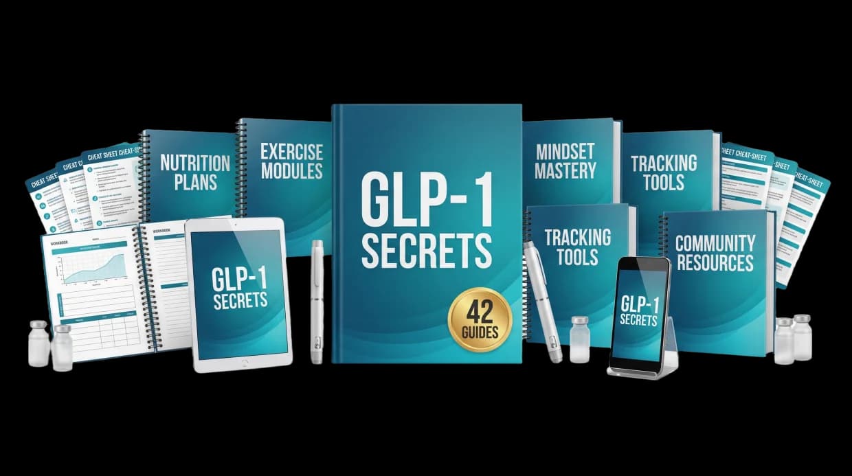 The full GLP-1 Secrets collection spread across guides, checklists, cheat sheets, tablet and phone
