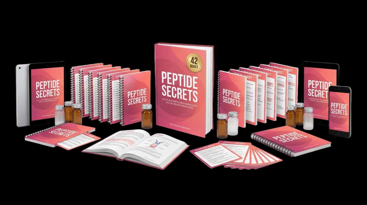 The full Peptide Secrets collection spread across guides, checklists, cheat sheets, tablet and phone