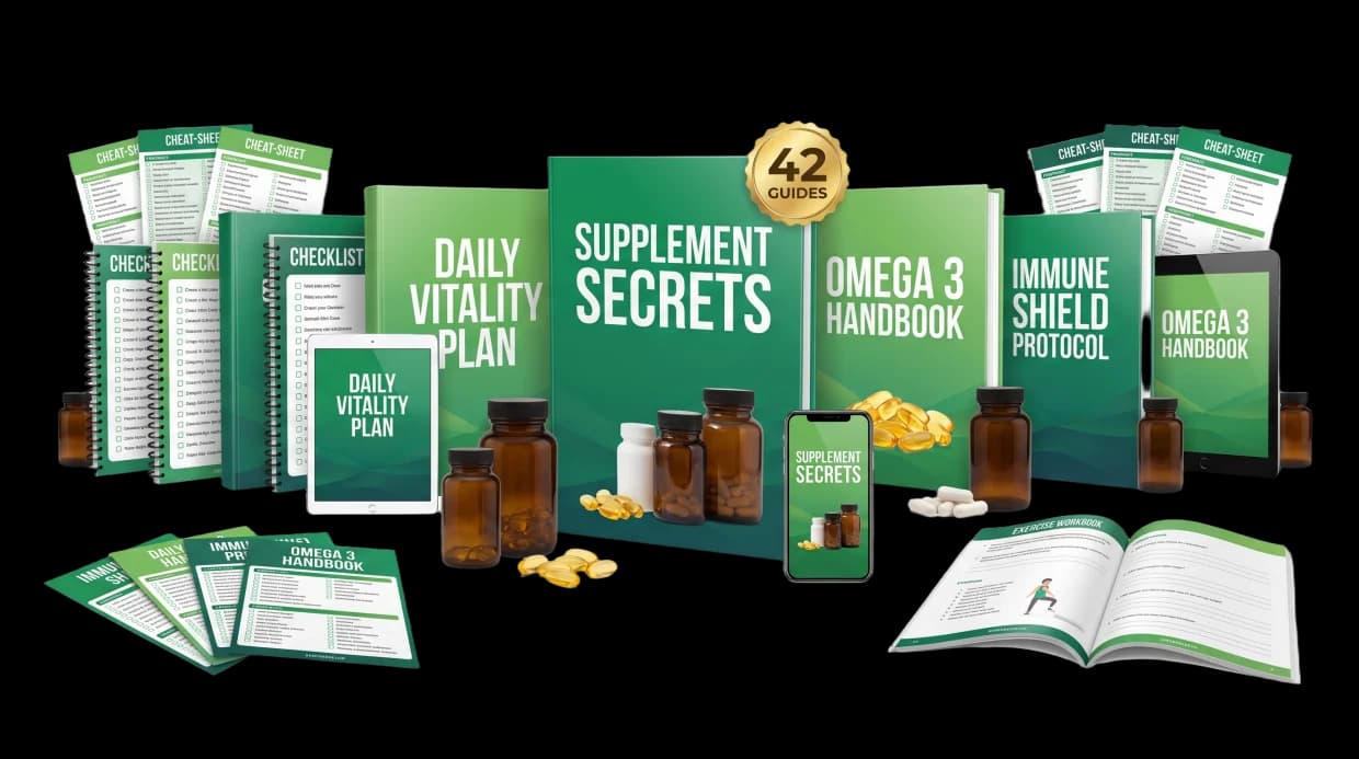 The full Supplement Secrets collection spread across guides, checklists, cheat sheets, tablet and phone