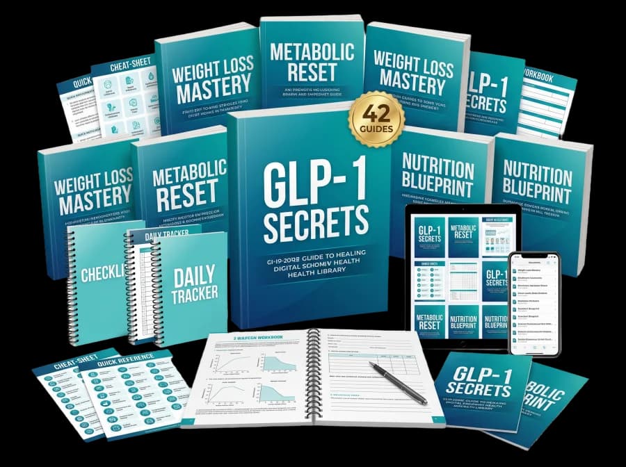 The complete GLP-1 Secrets collection of 42 guides shown as a bundle across book, tablet and phone
