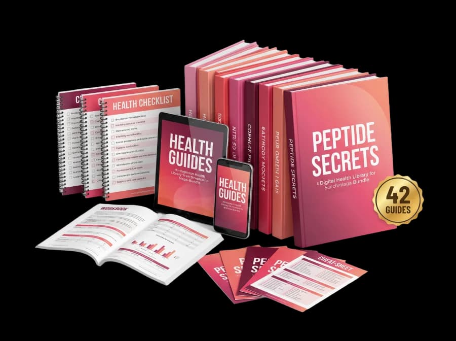 The complete Peptide Secrets collection of 42 guides shown as a bundle across book, tablet and phone