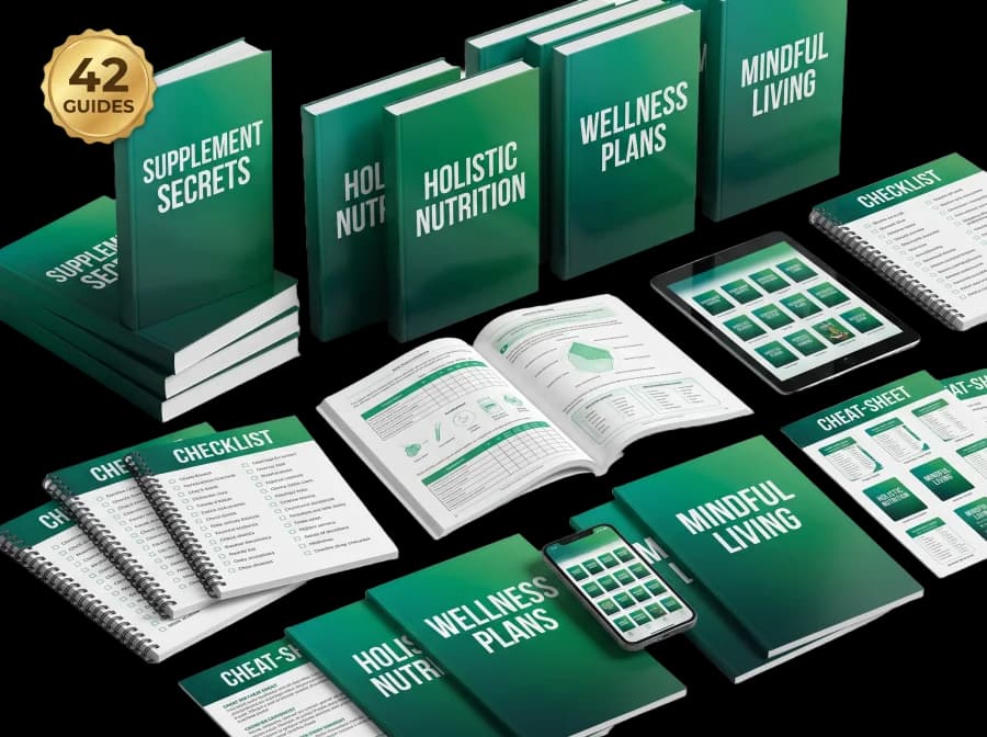 The complete Supplement Secrets collection of 42 guides shown as a bundle across book, tablet and phone